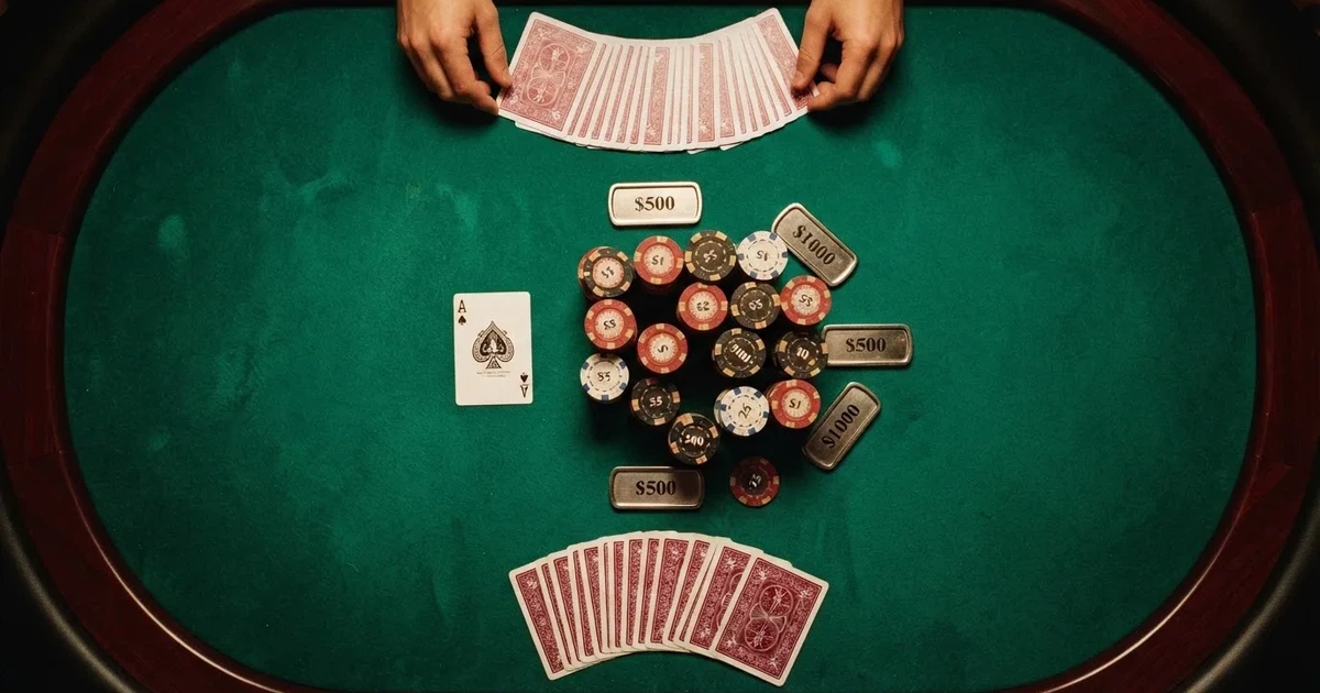 Mesa de jogo iluminada com cartas, vista de cima — mesas de casino em portugal