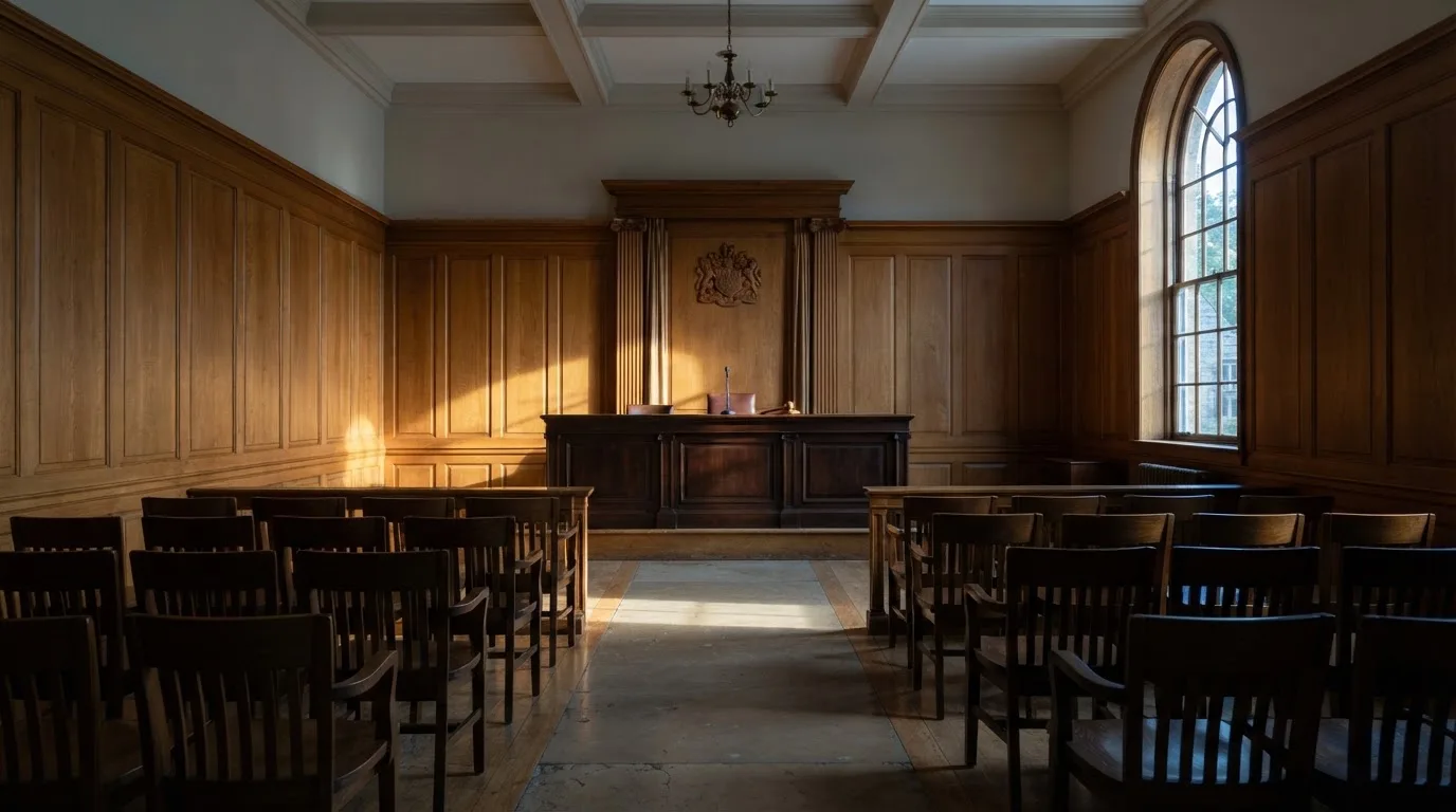 Sala de tribunal vazia com painéis de madeira, à luz da manhã — novo casino em portugal