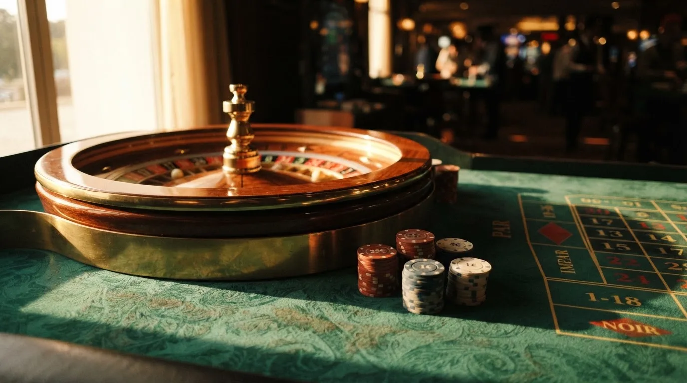 Roda de roleta e fichas sobre feltro verde, sob uma luz quente de fim de tarde — novo casino em portugal