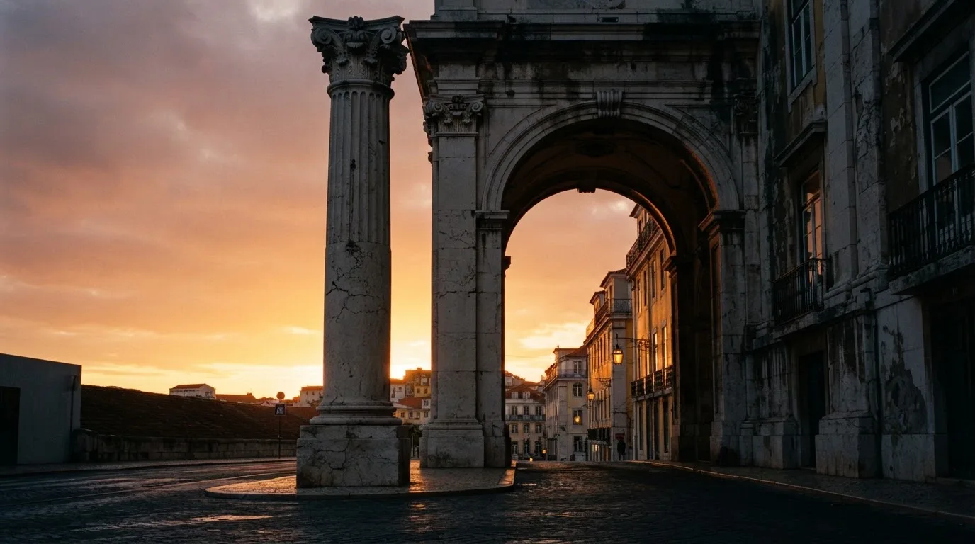 Coluna de pedra e arco de um edifício histórico de Lisboa, fotografados em contraluz ao fim da tarde, sem pessoas.