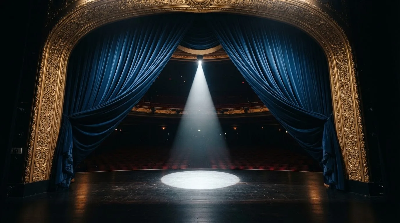 Cortina de veludo azul a abrir-se numa sala de espetáculos vazia, com um foco de luz branca a iluminar o palco.