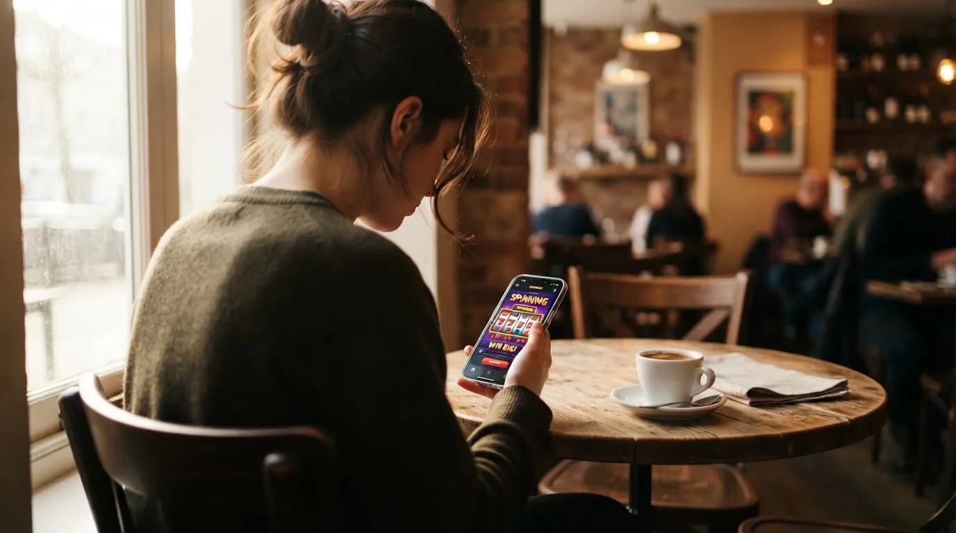 Pessoa a explorar jogos no telemóvel num café, com uma bica na mesa e luz de manhã a entrar pela montra.
