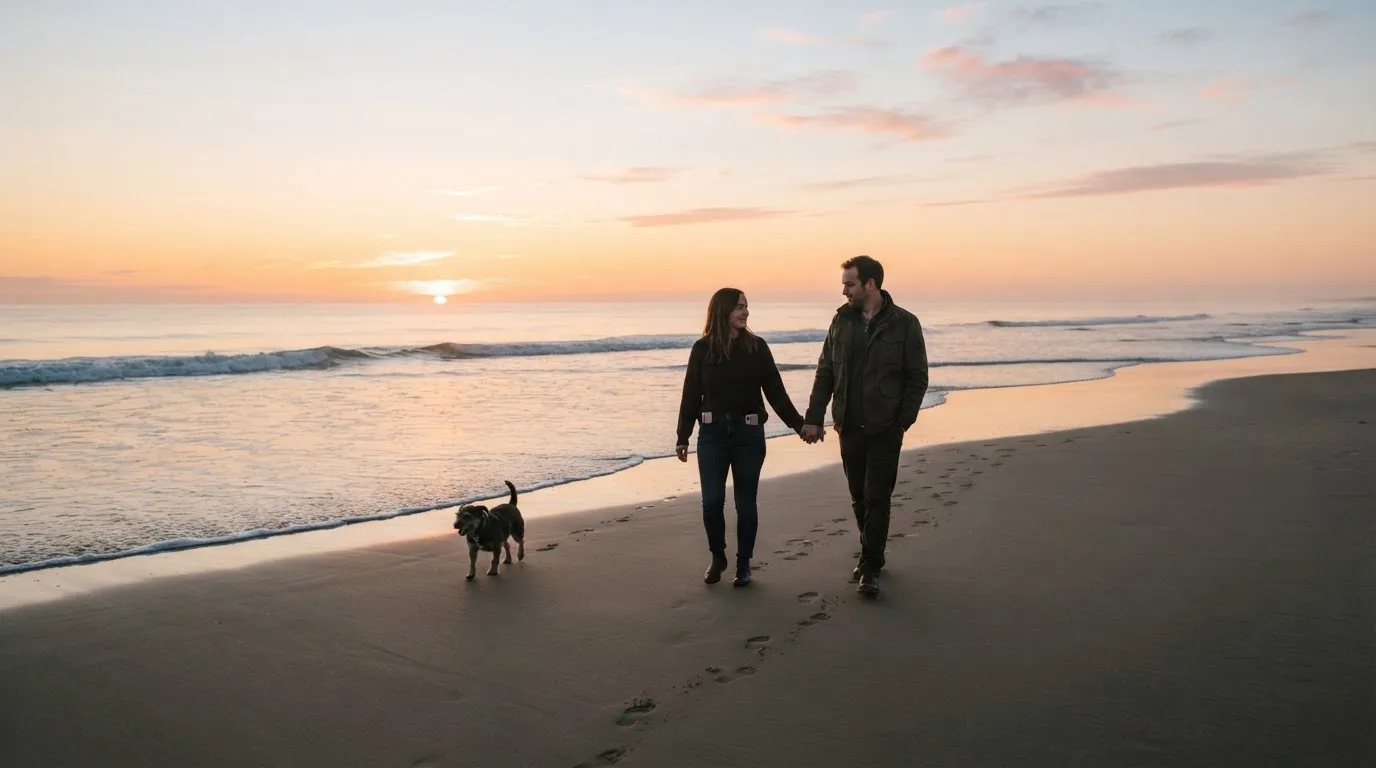Casal a caminhar com o cão numa praia ao amanhecer, de mãos dadas, com ondas calmas e telemóveis guardados nos bolsos.