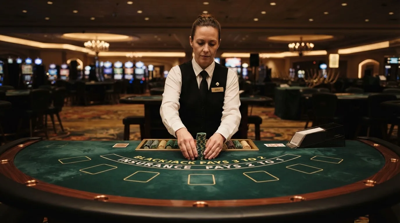 Croupier a preparar a mesa antes da abertura, a alinhar fichas com cuidado, numa sala de casino ainda vazia e silenciosa.