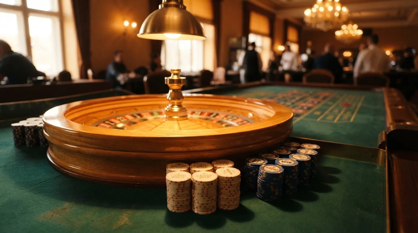Roda de roleta e fichas sobre feltro verde, sob uma luz quente de fim de tarde — ofertas de casino em portugal