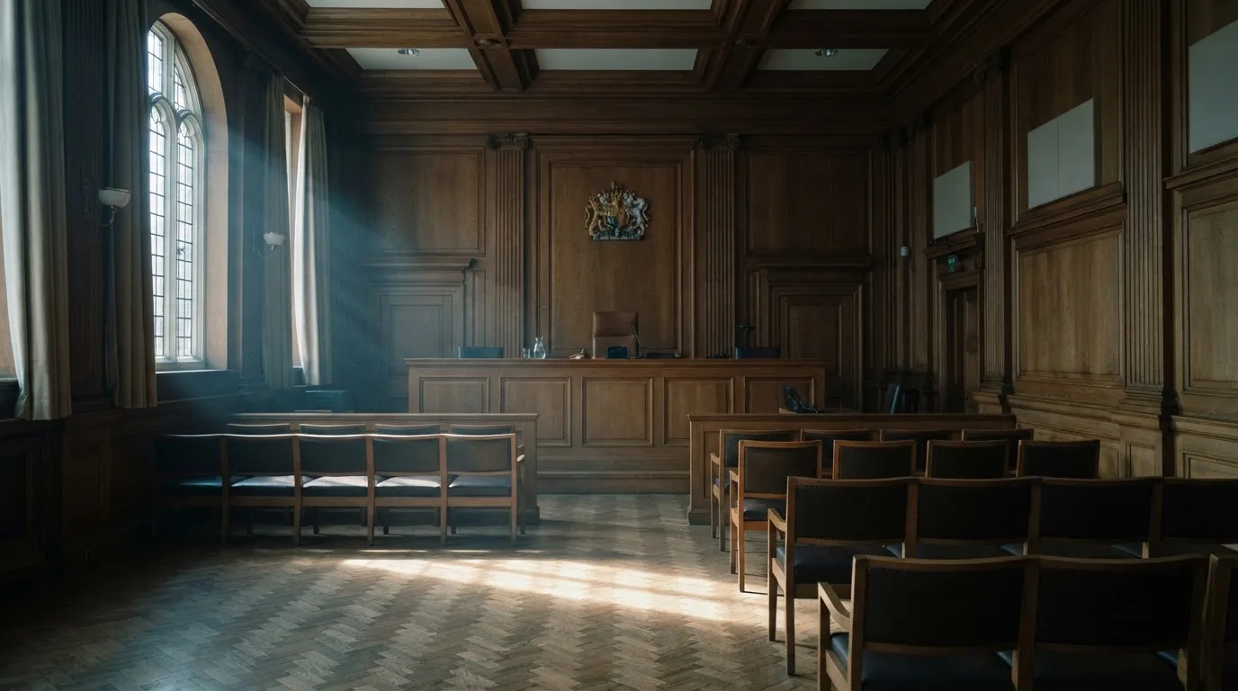 Sala de tribunal vazia com painéis de madeira, à luz da manhã — online casino bónus para os portugueses