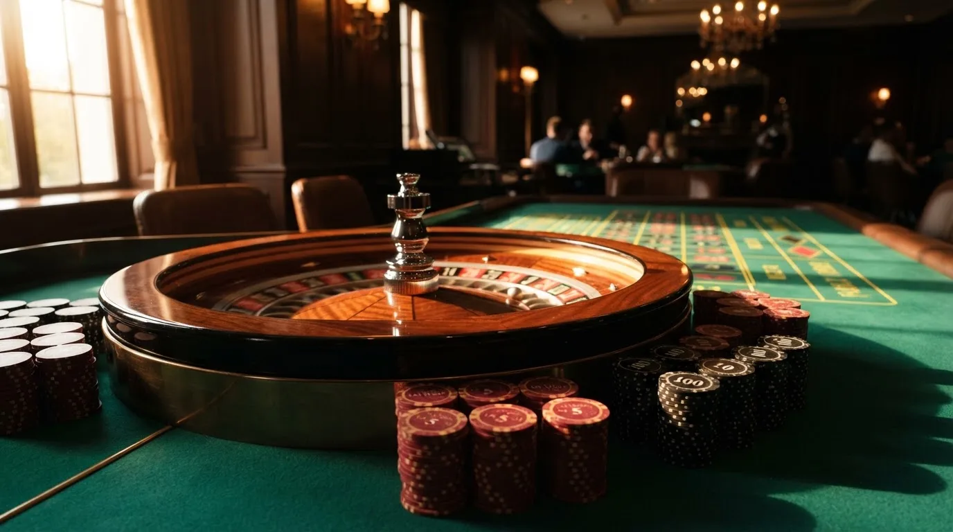 Roda de roleta e fichas sobre feltro verde, sob uma luz quente de fim de tarde — online casino bónus para os portugueses