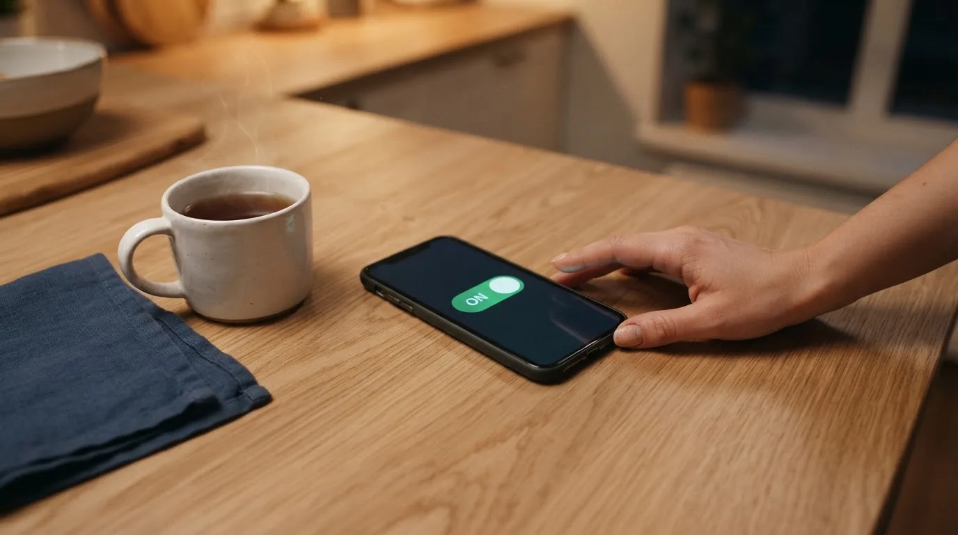 Mão a segurar um telemóvel ao lado de uma chávena de chá numa mesa de cozinha, numa noite tranquila — online casinos em portugal