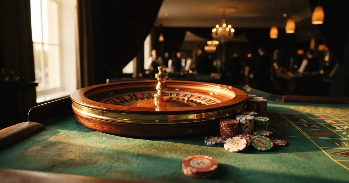 Roda de roleta e fichas sobre feltro verde, sob uma luz quente de fim de tarde — online casinos em portugal