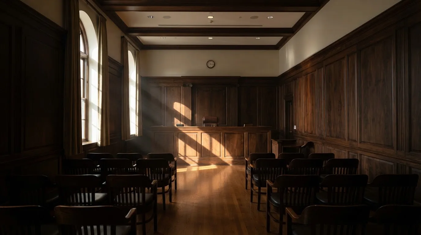Sala de tribunal vazia com painéis de madeira, à luz da manhã — páginas de casino em portugal