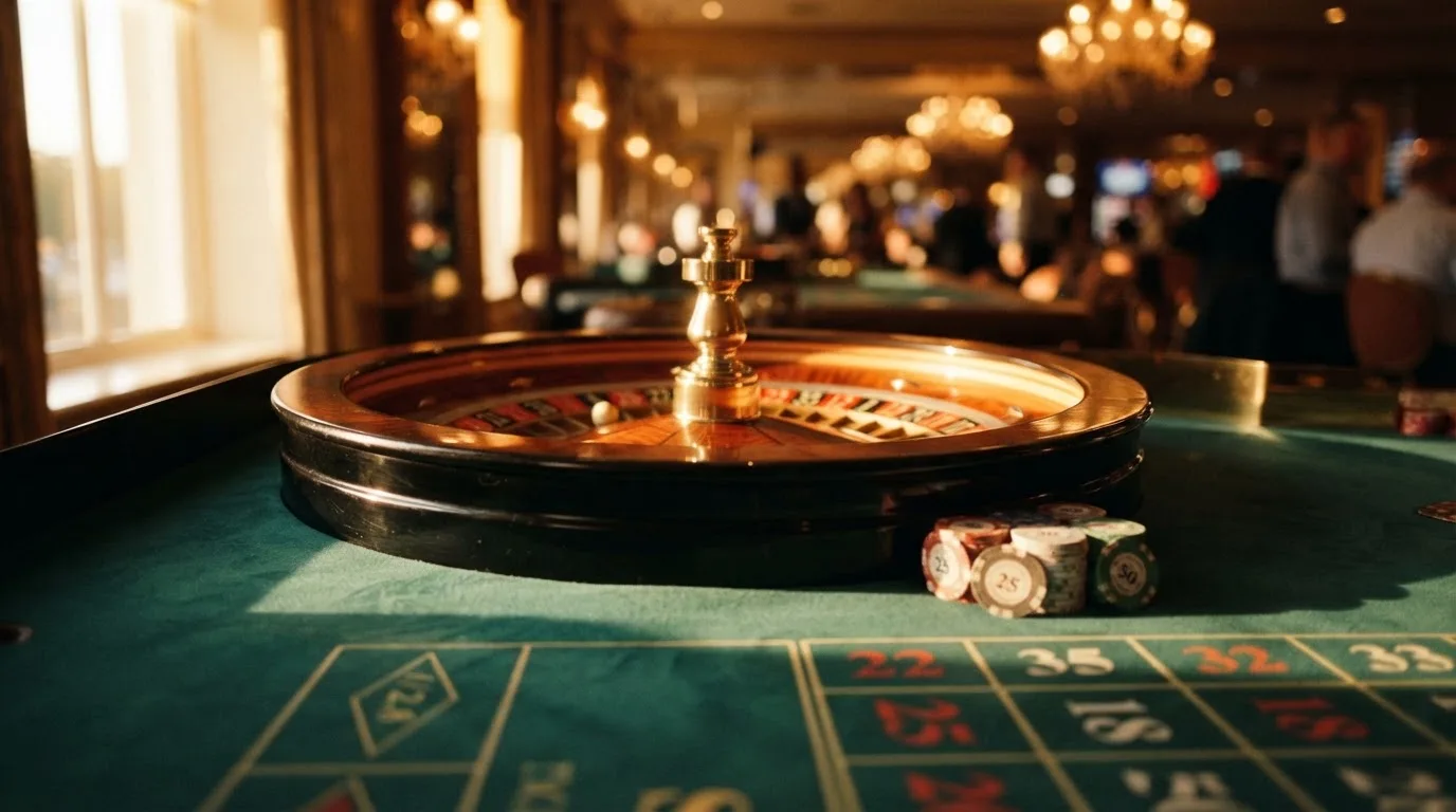 Roda de roleta e fichas sobre feltro verde, sob uma luz quente de fim de tarde — páginas de casino em portugal