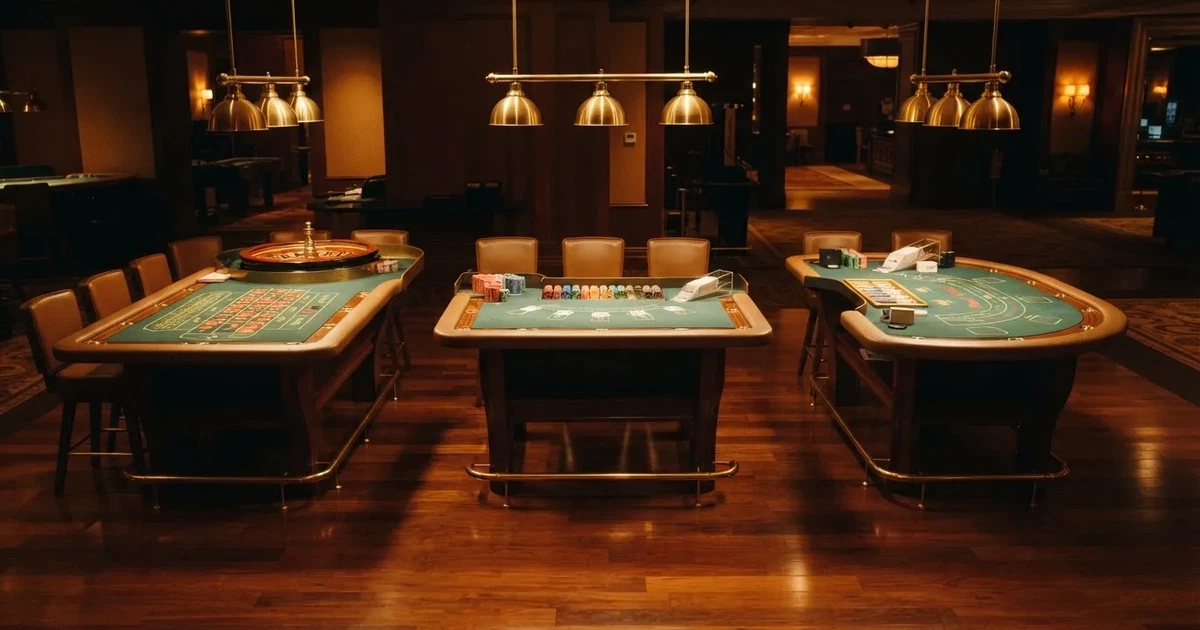 Três mesas de jogo diferentes lado a lado numa sala calma e calorosamente iluminada — páginas de casino em portugal