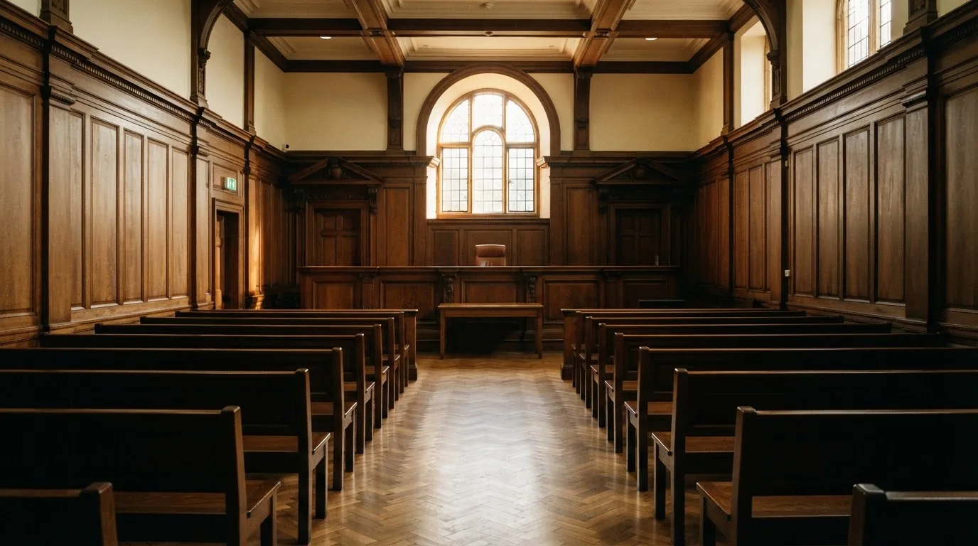 Sala de tribunal vazia com painéis de madeira, à luz da manhã — probabilidades de roleta pt