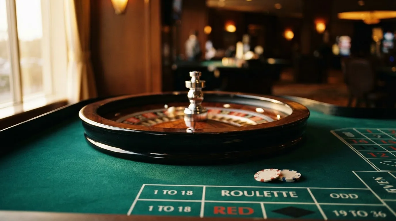 Roda de roleta e fichas sobre feltro verde, sob uma luz quente de fim de tarde — promoções de casino em portugal