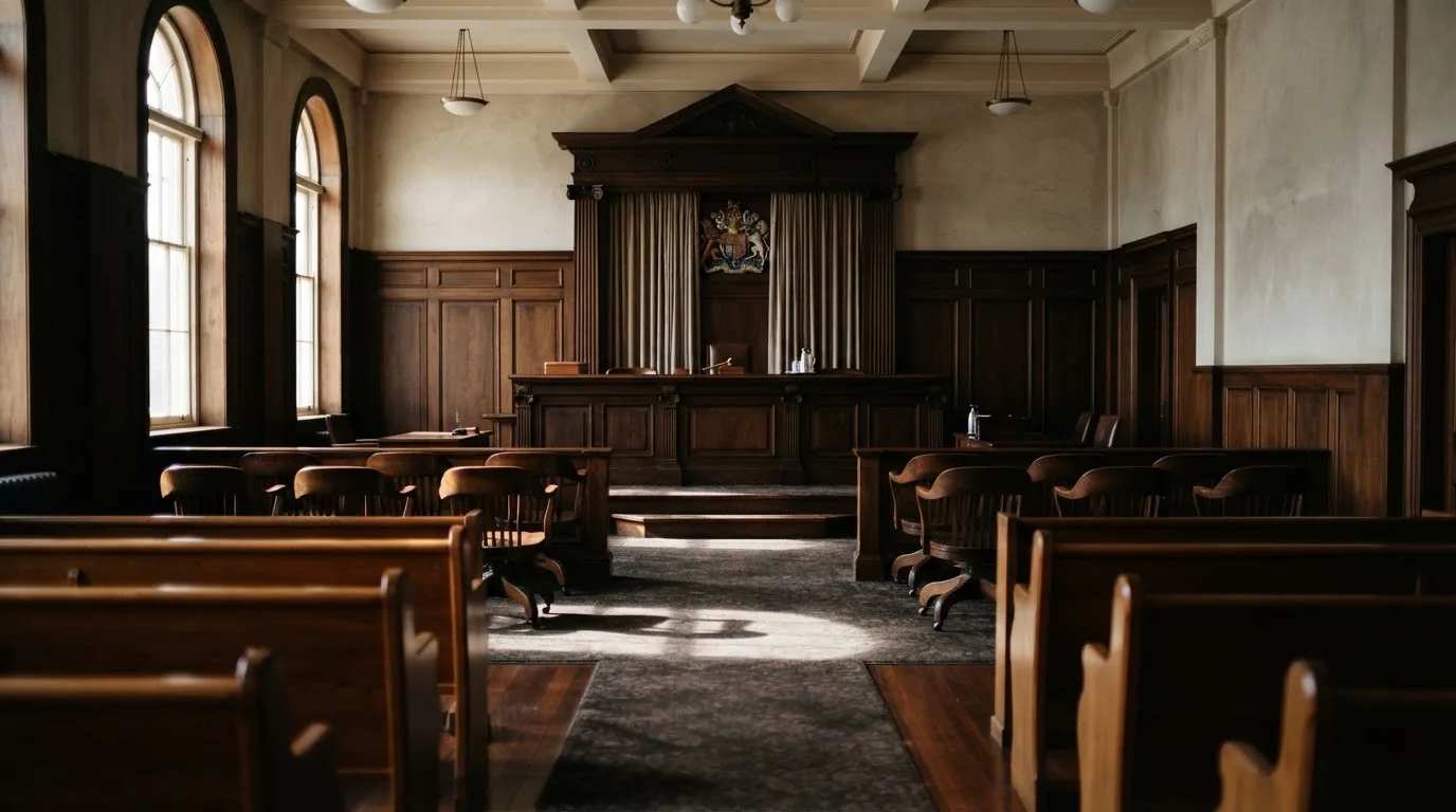Sala de tribunal vazia com painéis de madeira, à luz da manhã — regras da roleta pt