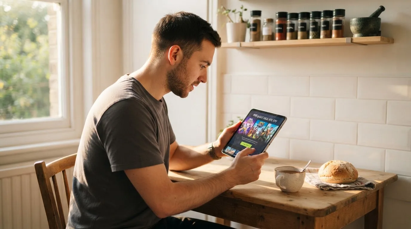 Jovem sentado à mesa da cozinha a explorar um tablet com ar curioso, chávena de chá e pão sobre a mesa, luz da manhã.