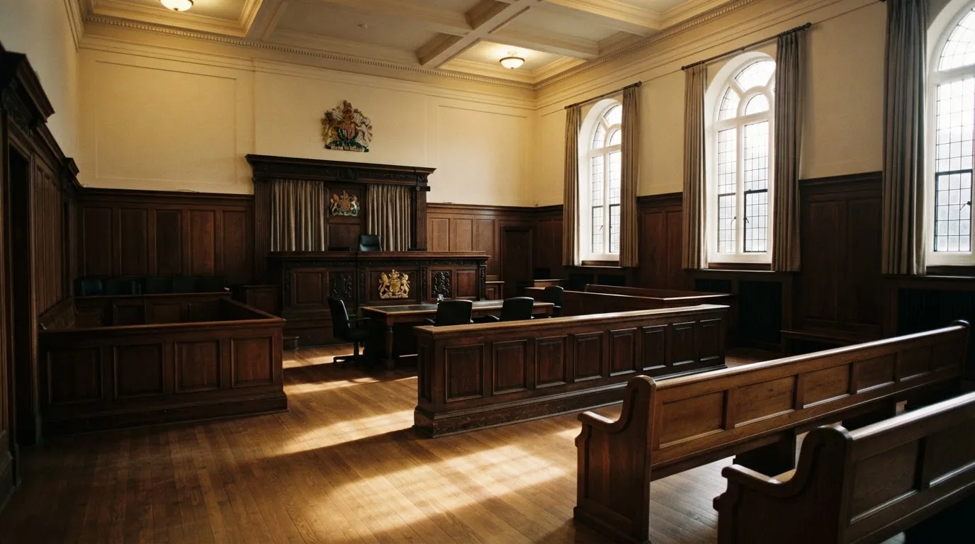 Sala de tribunal vazia com painéis de madeira, à luz da manhã — roleta americana em portugal