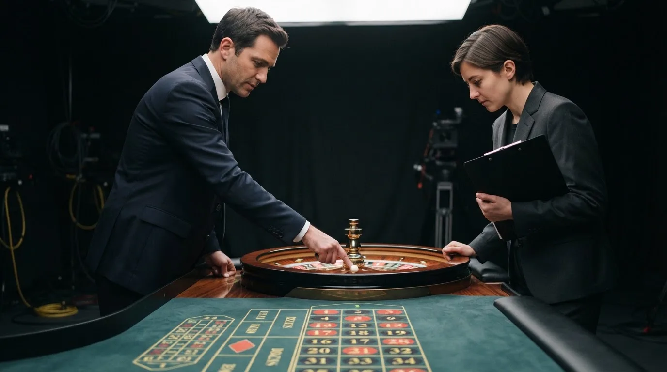 Duas pessoas de fato a examinar uma roda de roleta num estúdio, uma delas a apontar para a bola, com luz branca de trabalho.