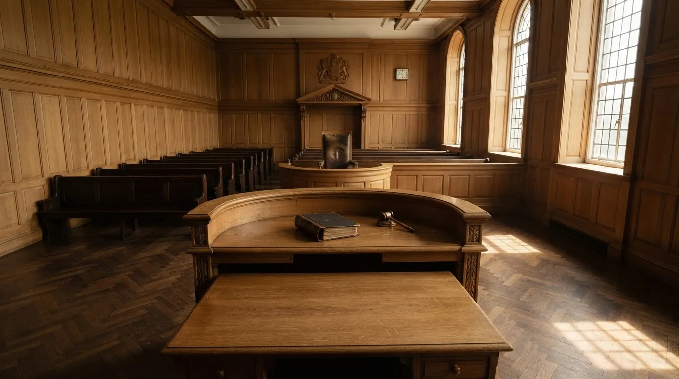 Sala de tribunal vazia com painéis de madeira, à luz da manhã — roleta casino em portugal