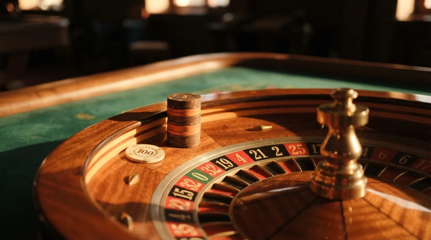 Roda de roleta e fichas sobre feltro verde, sob uma luz quente de fim de tarde — roleta casino em portugal