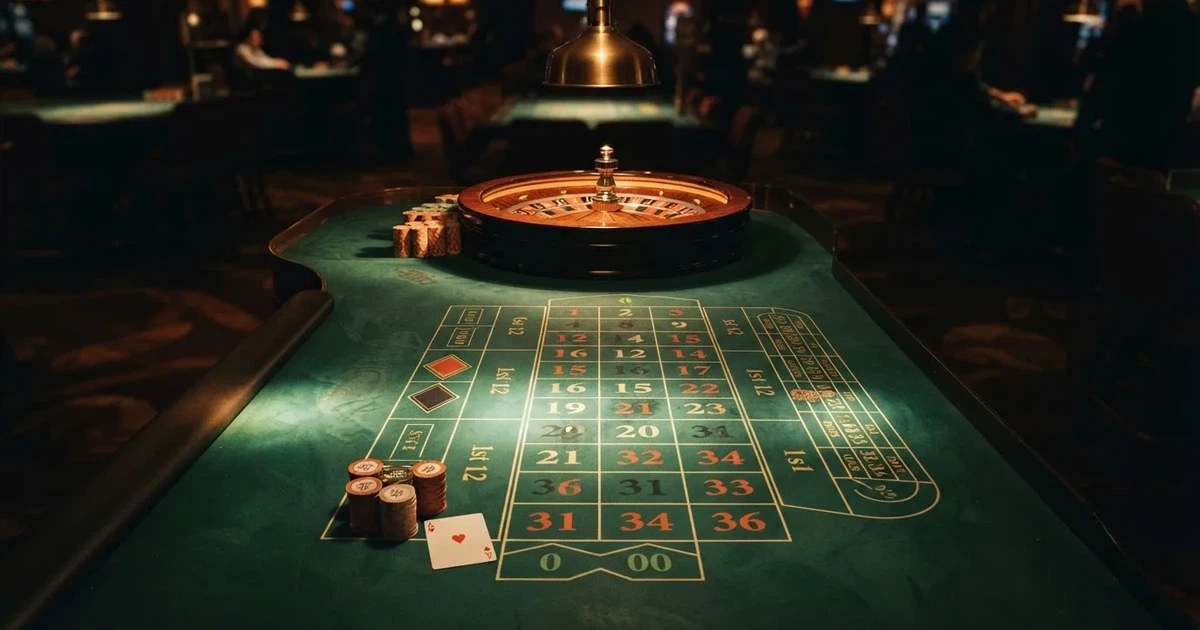 Mesa de jogo iluminada com cartas, vista de cima — roleta casino em portugal