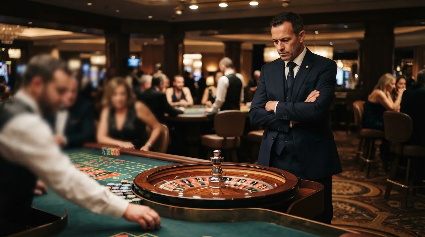Fiscal de sala de casino de fato escuro a observar atentamente uma mesa de roleta, com jogadores desfocados ao fundo.