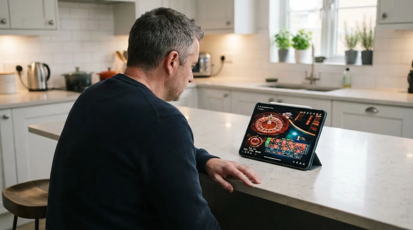 Jogador de meia-idade a ver uma transmissão de roleta num tablet, apoiado na bancada de uma cozinha moderna, com expressão atenta.