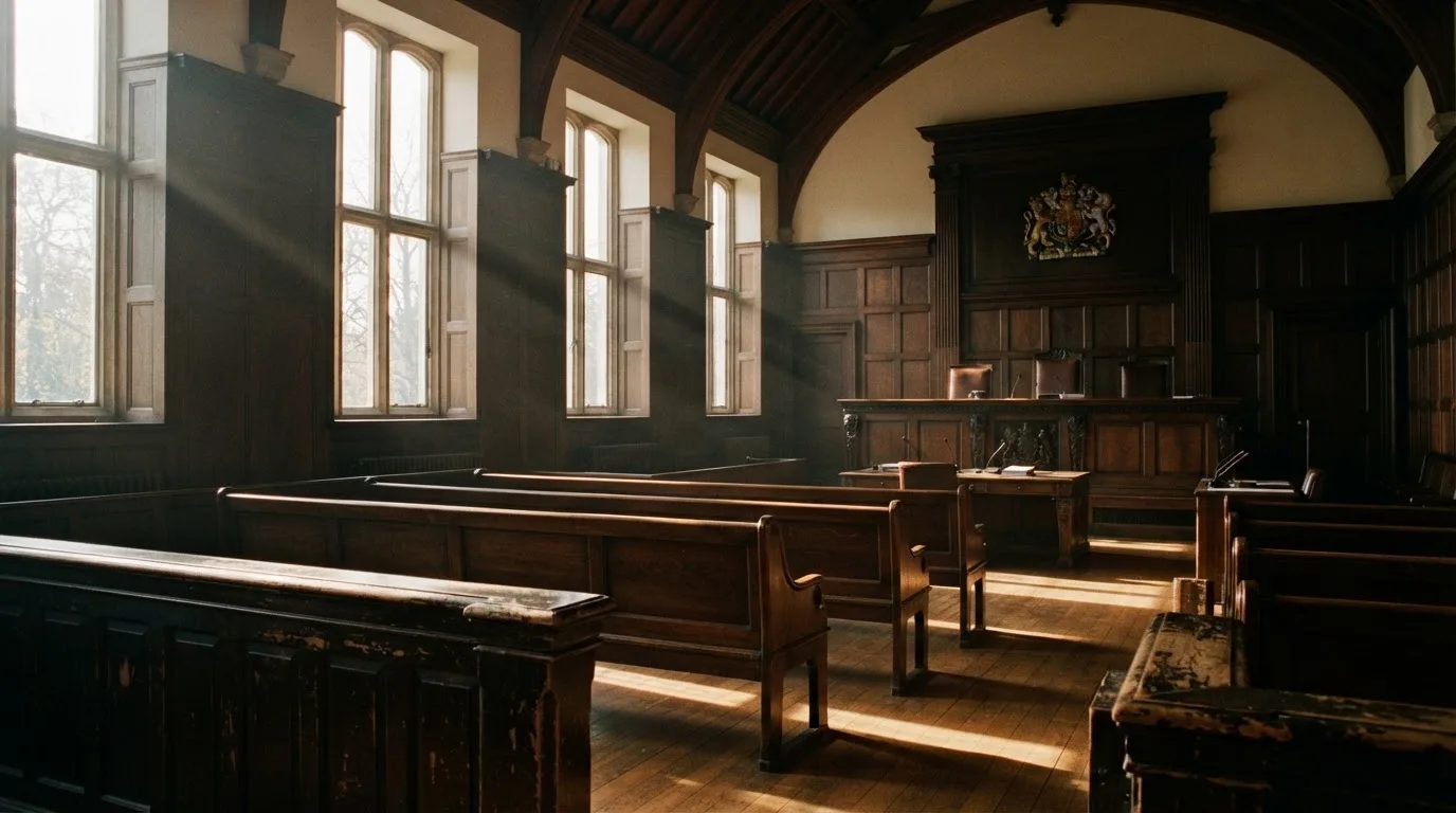 Sala de tribunal vazia com painéis de madeira, à luz da manhã — roleta francesa em portugal