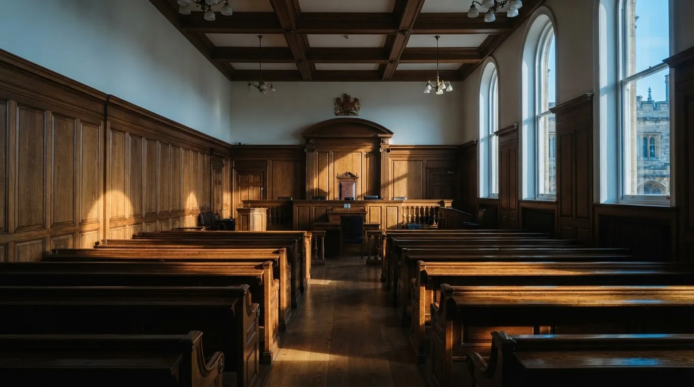 Sala de tribunal vazia com painéis de madeira, à luz da manhã — roleta grátis em portugal
