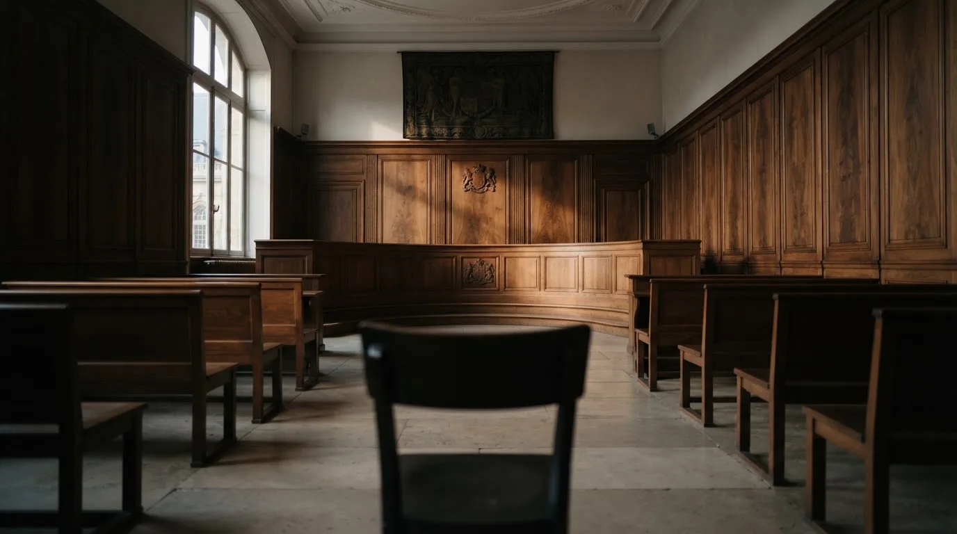 Sala de tribunal vazia com painéis de madeira, à luz da manhã — roleta online grátis pt
