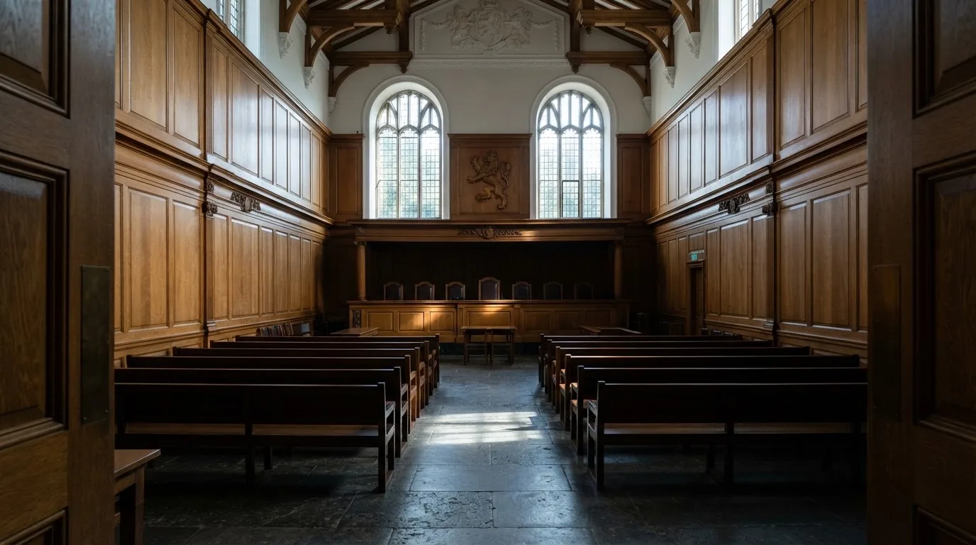 Sala de tribunal vazia com painéis de madeira, à luz da manhã — roleta online por dinheiro em portugal