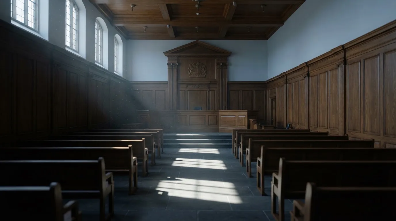 Sala de tribunal vazia com painéis de madeira, à luz da manhã — roleta virtual em portugal