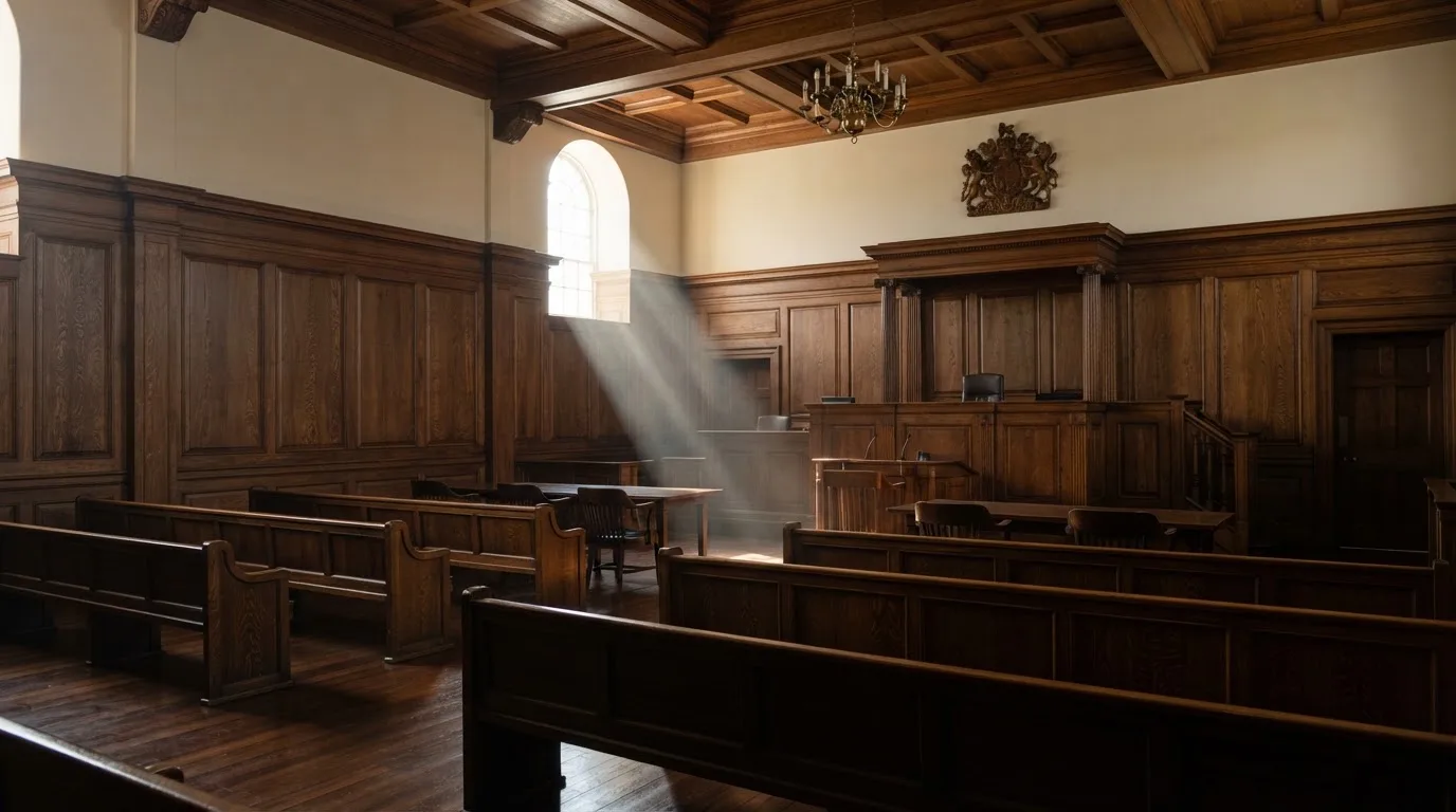 Sala de tribunal vazia com painéis de madeira, à luz da manhã — sites de casino para os portugueses