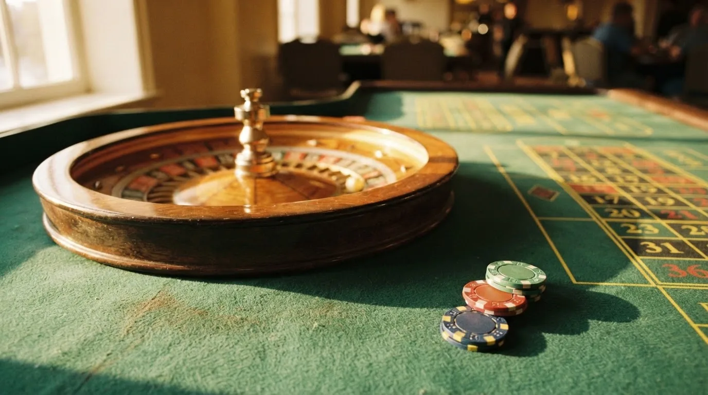 Roda de roleta e fichas sobre feltro verde, sob uma luz quente de fim de tarde — sites de casino para os portugueses