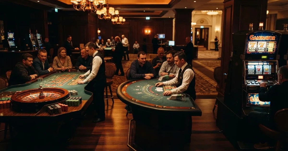 Três mesas de jogo diferentes lado a lado numa sala calma e calorosamente iluminada — sites de casino para os portugueses