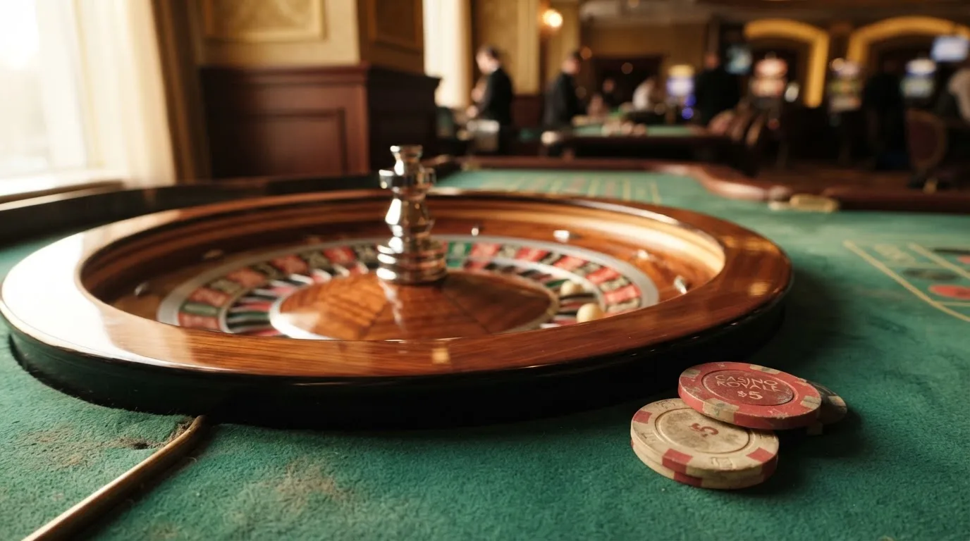 Roda de roleta e fichas sobre feltro verde, sob uma luz quente de fim de tarde — slot machines em portugal