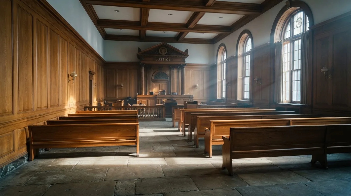 Sala de tribunal vazia com painéis de madeira, à luz da manhã — slots com bonus em portugal