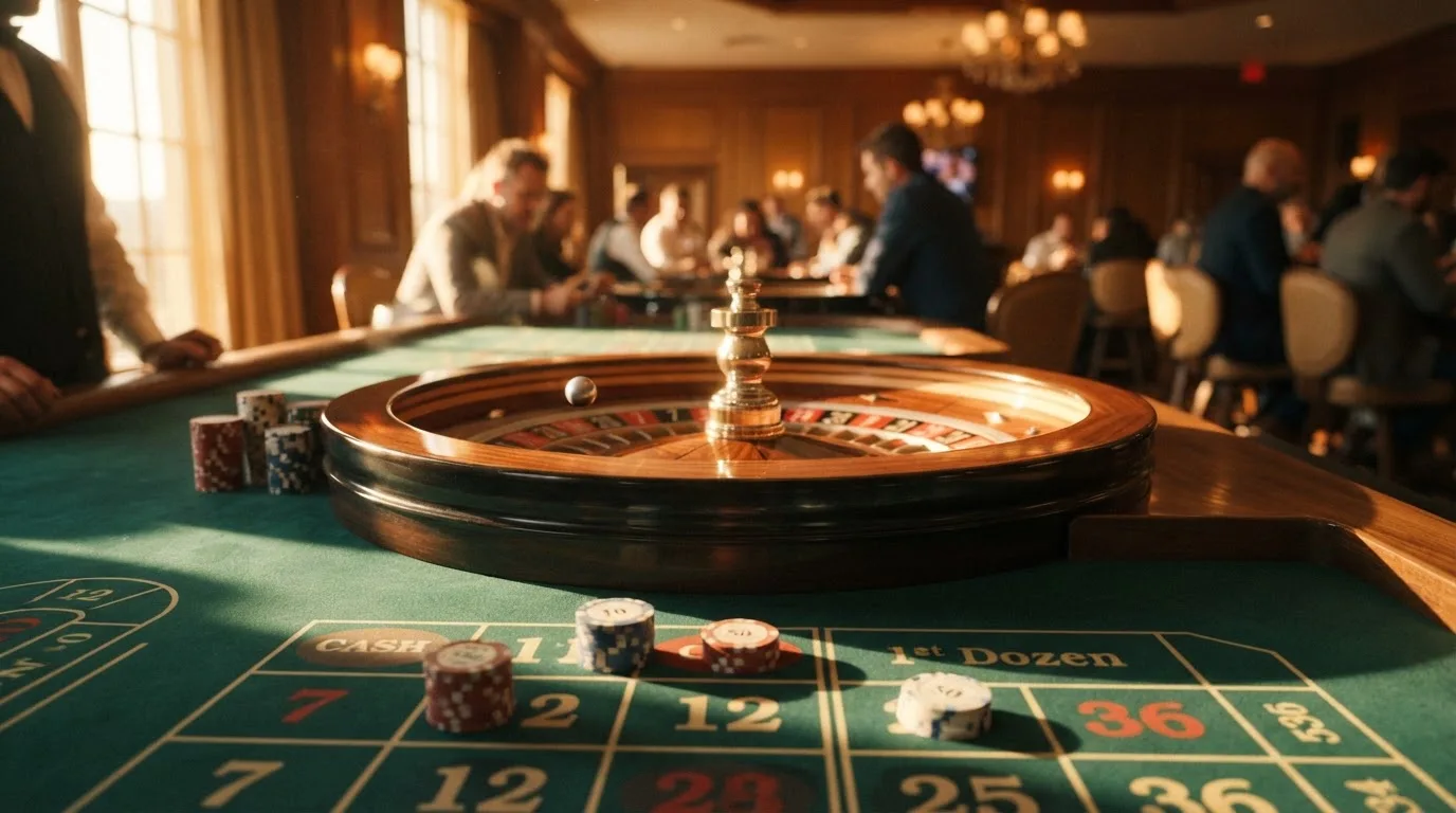 Roda de roleta e fichas sobre feltro verde, sob uma luz quente de fim de tarde — slots com bonus em portugal