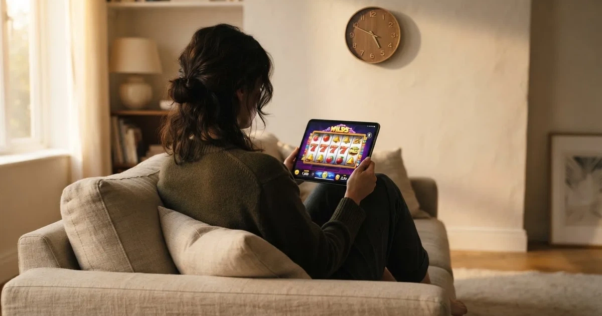 Pessoa num sofá a olhar pensativa para um tablet, com um relógio na parede atrás — slots com bonus em portugal