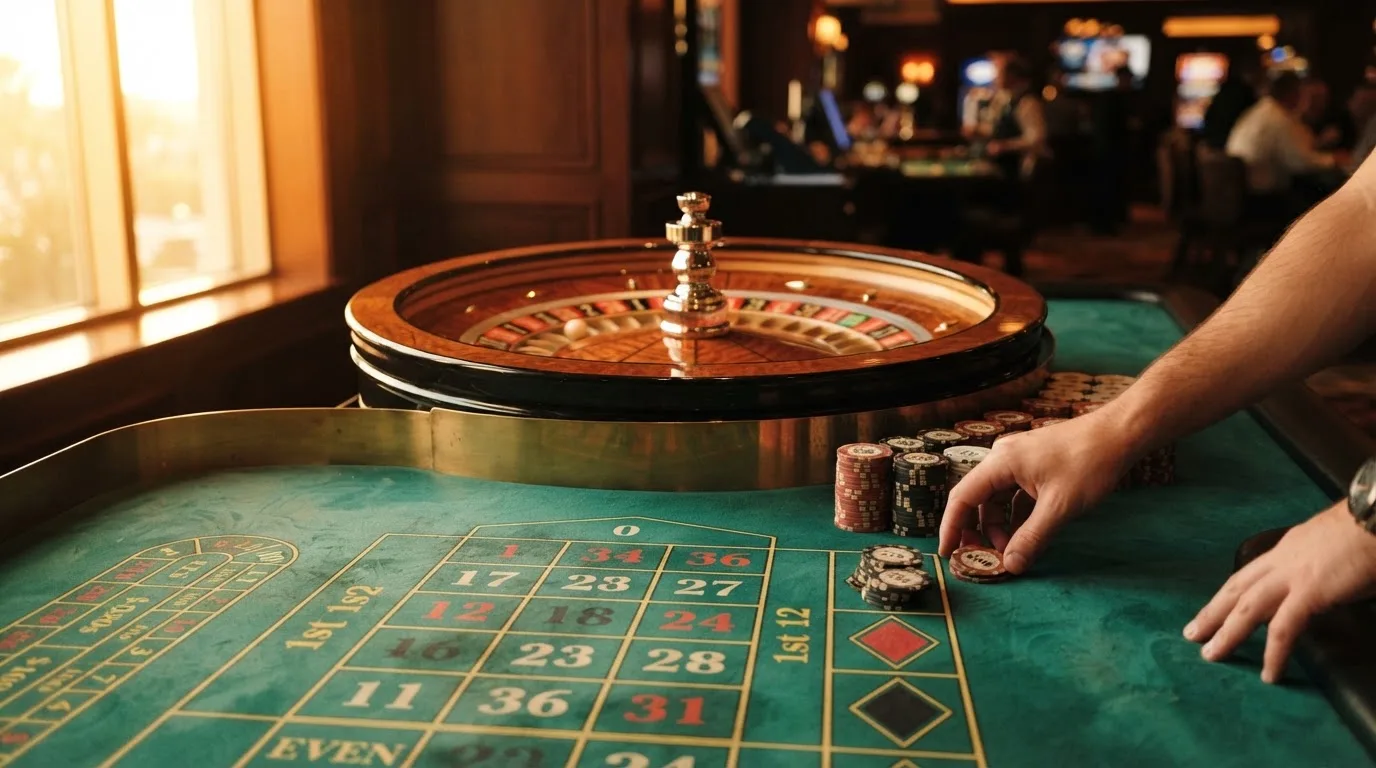 Roda de roleta e fichas sobre feltro verde, sob uma luz quente de fim de tarde — slots demo em portugal