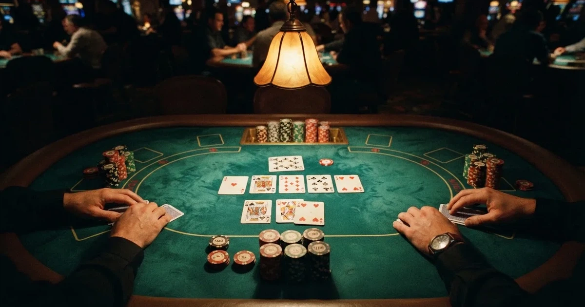 Mesa de jogo iluminada com cartas, vista de cima — slots demo em portugal