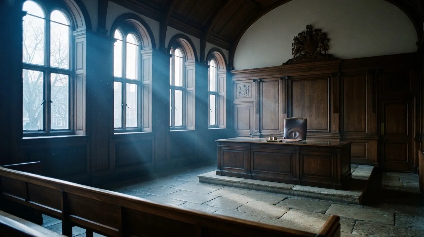 Sala de tribunal vazia com painéis de madeira, à luz da manhã — slots grátis em portugal