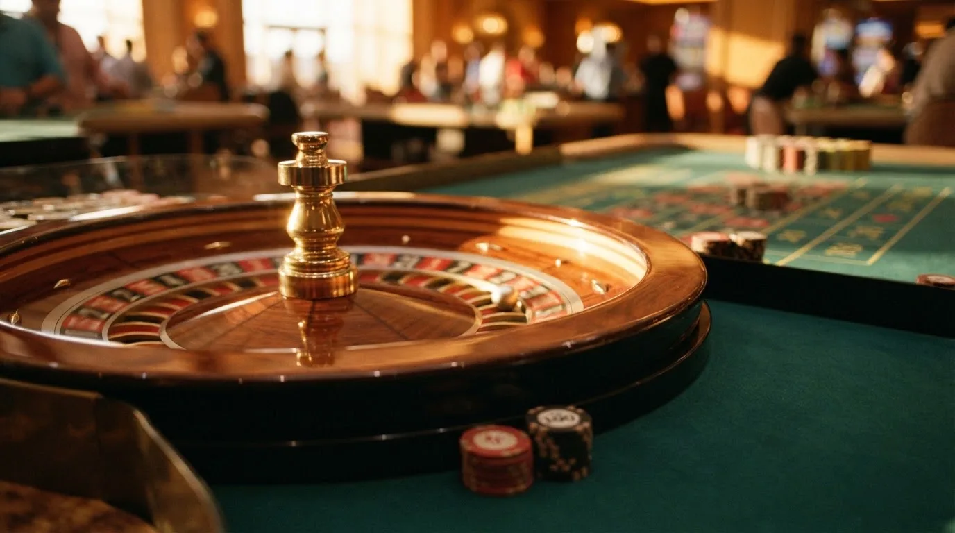 Roda de roleta e fichas sobre feltro verde, sob uma luz quente de fim de tarde — slots grátis em portugal