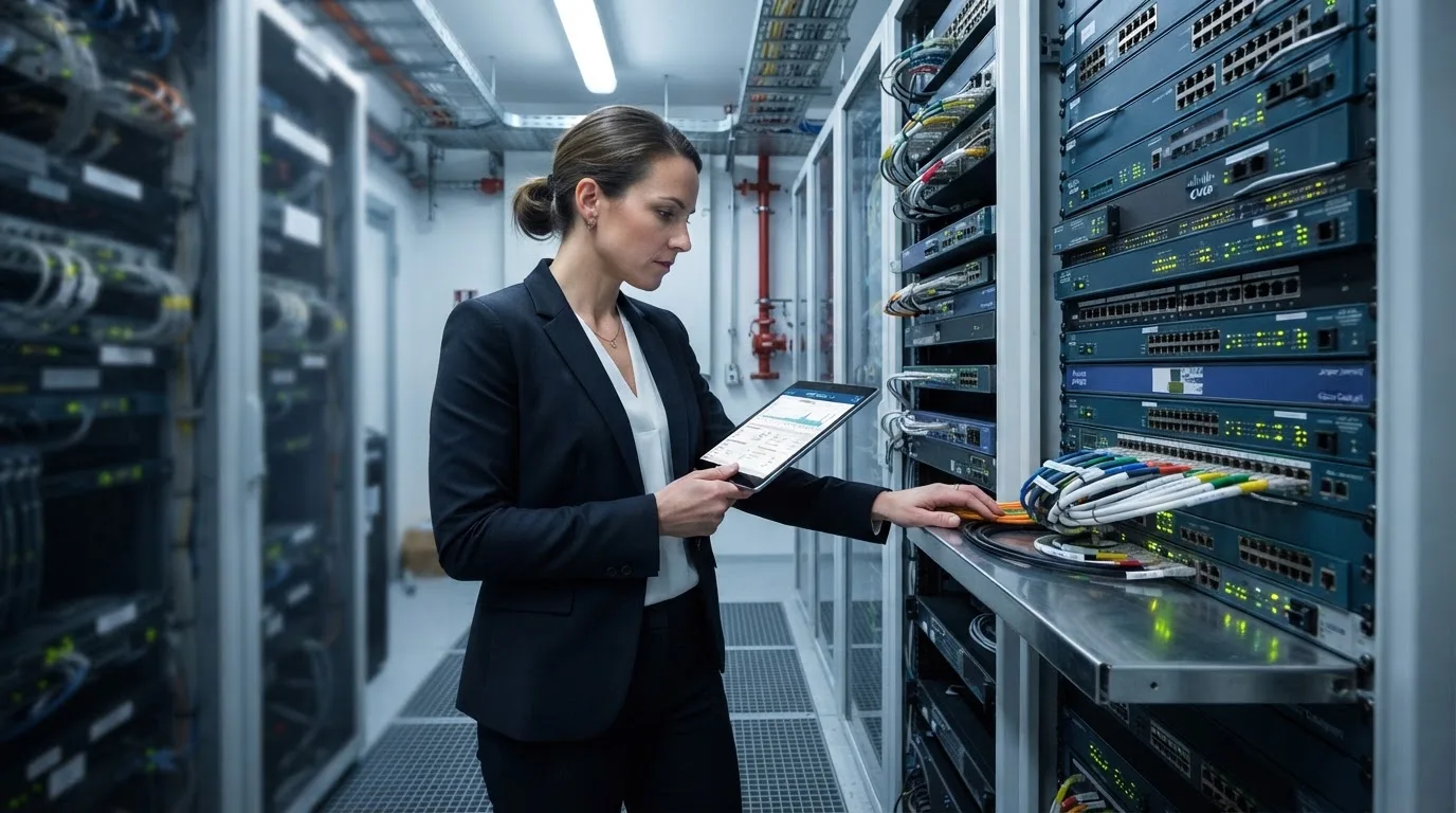 Técnica de fato a verificar equipamentos eletrónicos numa sala com prateleiras metálicas e cabos organizados, luz fria.
