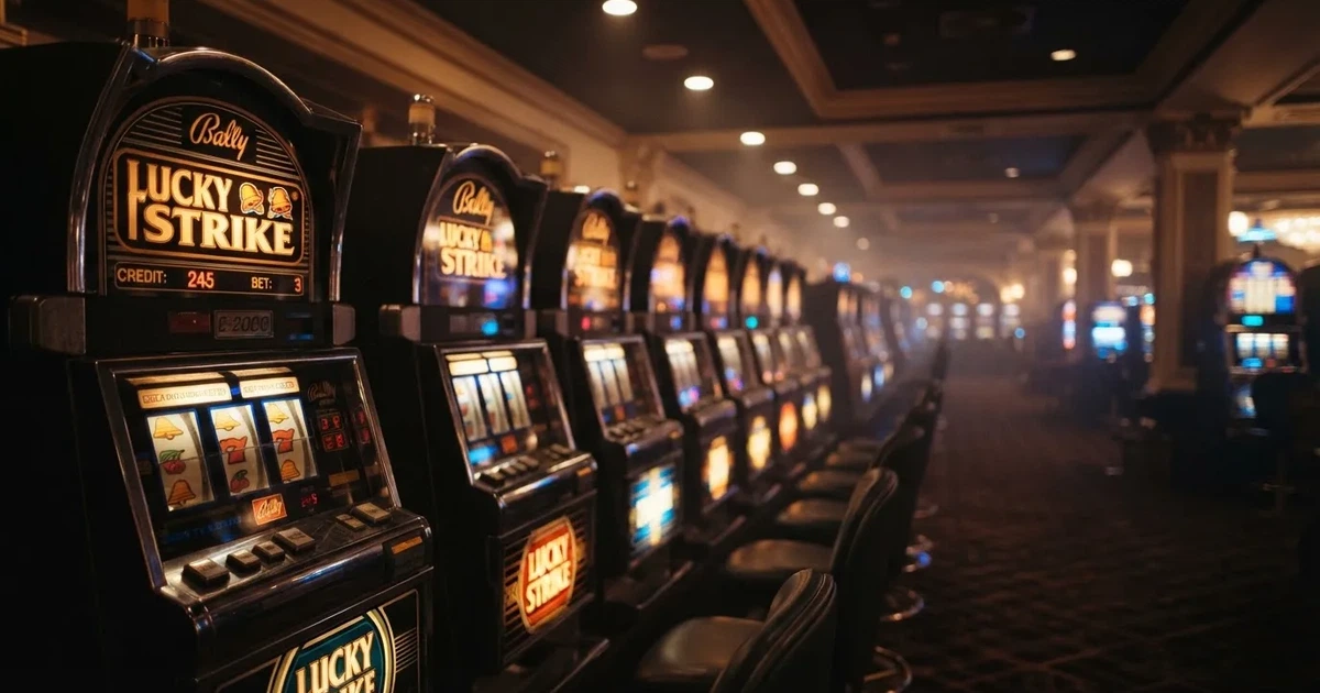 Fila de máquinas de slots num casino em Portugal vistas de lado, com rolos iluminados e carpete escura, sem pessoas, fotografia de interior.