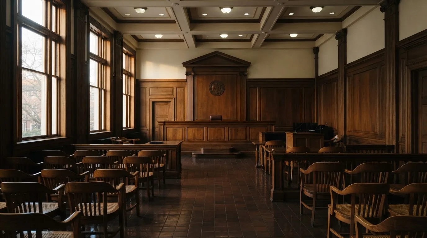 Sala de tribunal vazia com painéis de madeira, à luz da manhã — slots por dinheiro em portugal