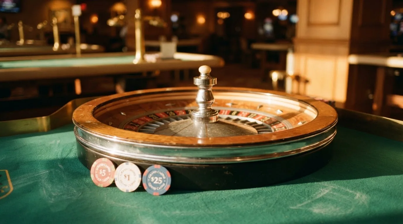 Roda de roleta e fichas sobre feltro verde, sob uma luz quente de fim de tarde — slots por dinheiro em portugal