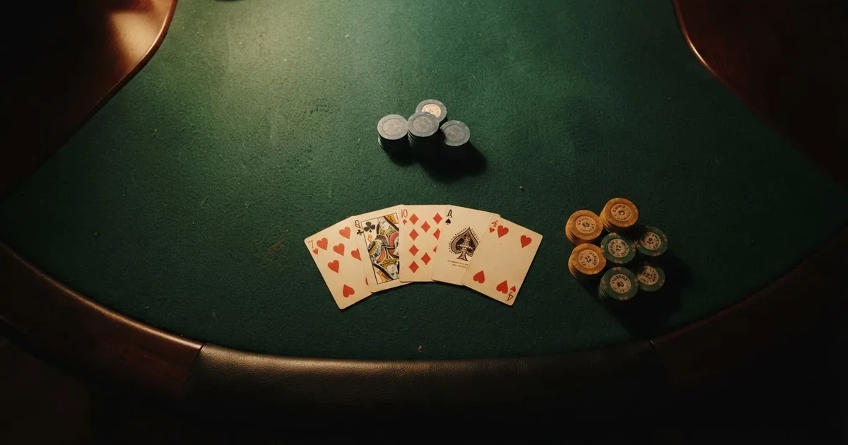 Mesa de jogo iluminada com cartas, vista de cima — slots por dinheiro em portugal