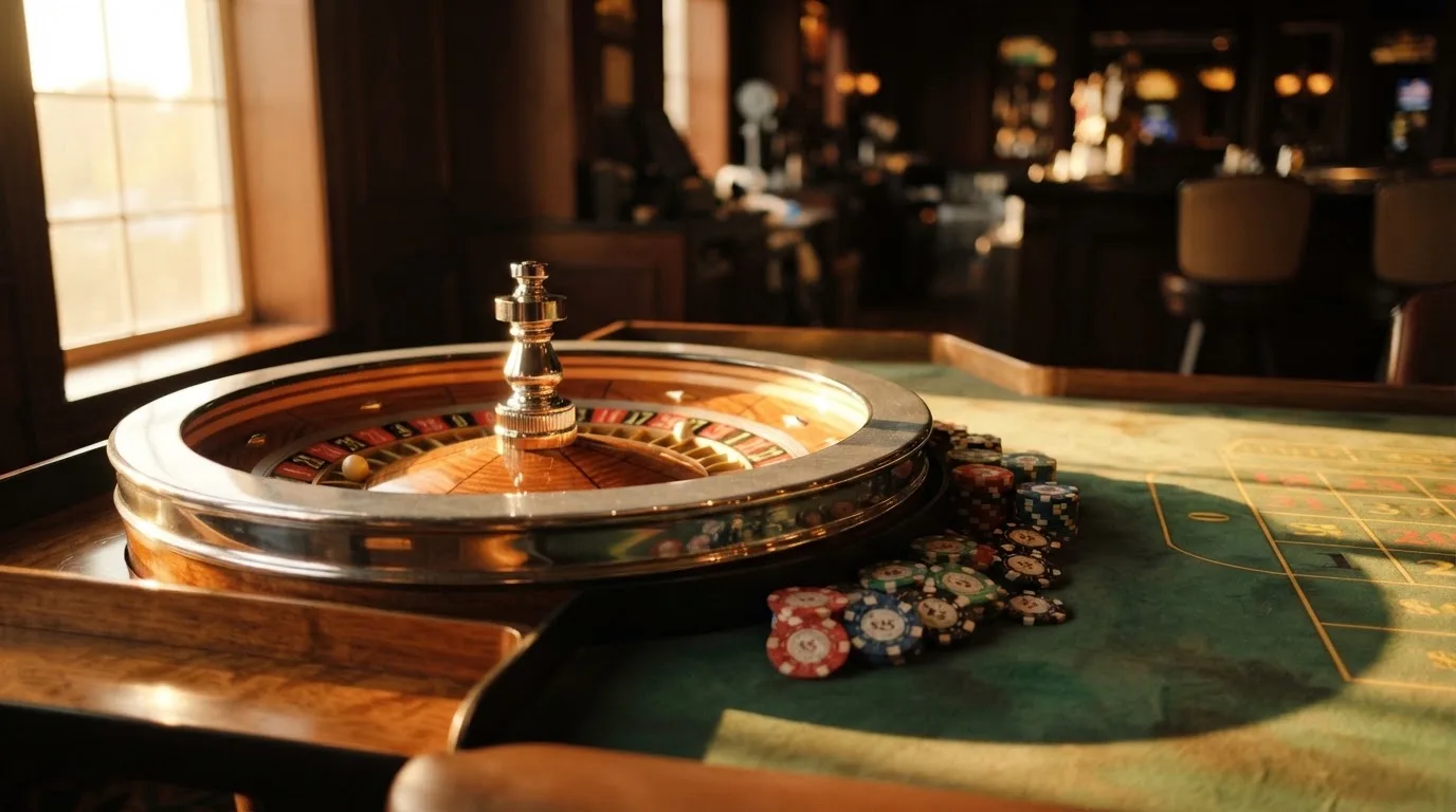 Roda de roleta e fichas sobre feltro verde, sob uma luz quente de fim de tarde — tabelas de blackjack em portugal