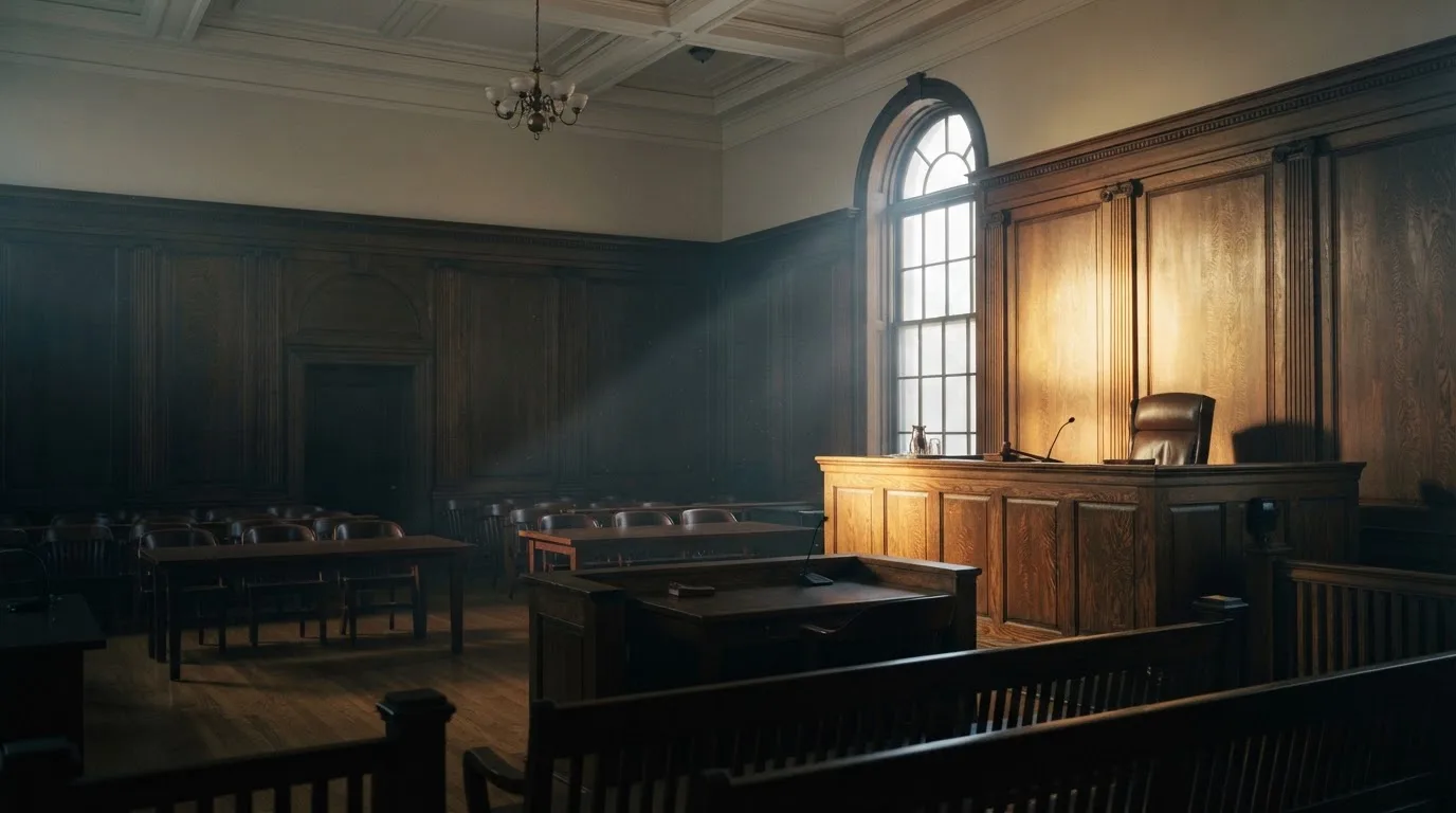 Sala de tribunal vazia com painéis de madeira, à luz da manhã — top casinos em portugal